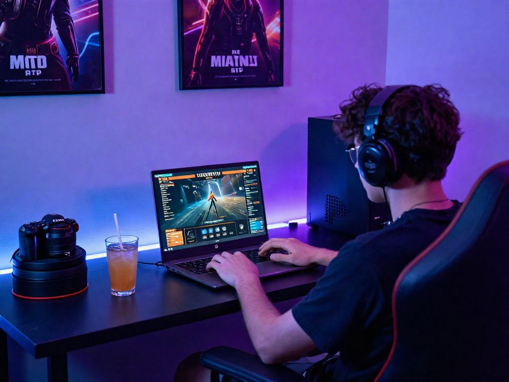 Pengalaman bermain LUXURY111 Rtp dengan gamer fokus di laptop dan aksesoris gaming di ruangan nyaman.