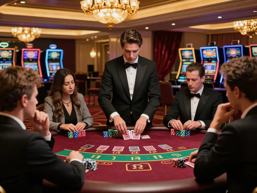 Engaged players at hitclub blackjack table strategically placing bets in upscale casino atmosphere.