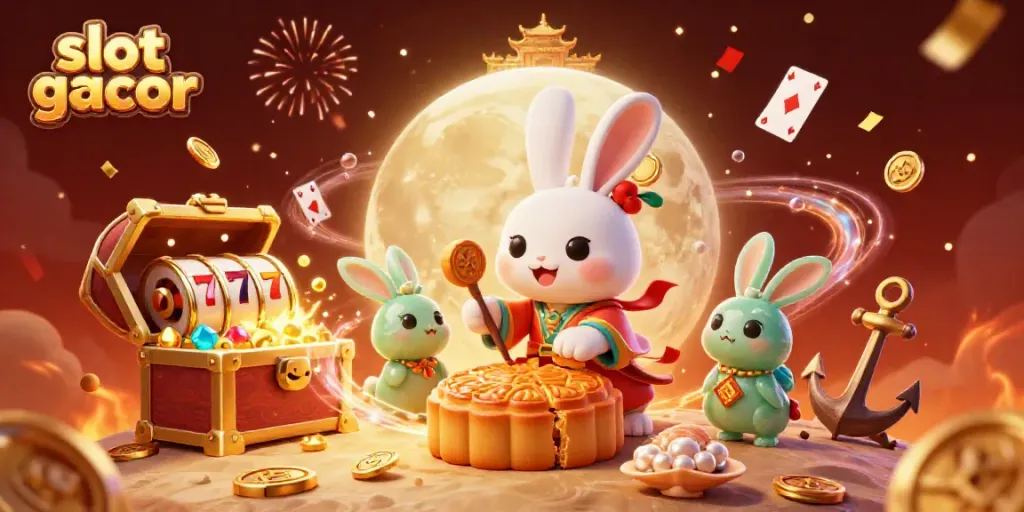 Experience the thrill of slot gacor with our vibrant 3D moon rabbit illustration featuring exciting gaming elements.