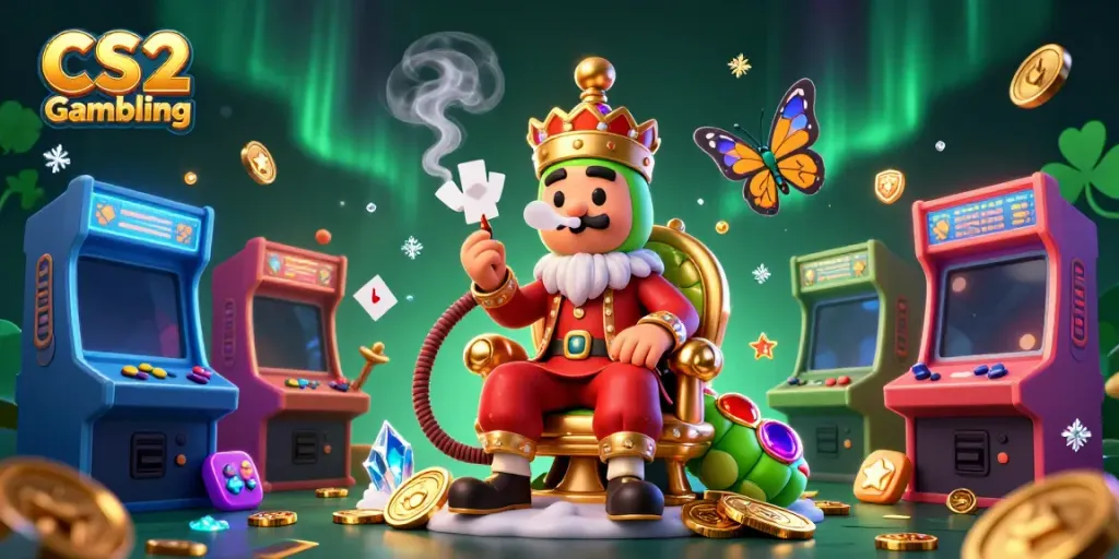 Engaging scene showcasing CS2 Gambling with a caterpillar hookah-master, arcade machines, and casino elements.