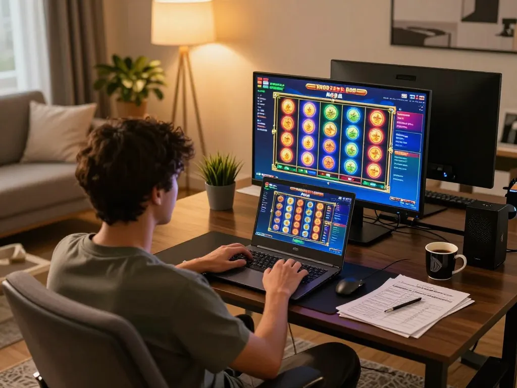 NAGA2000 player immersed in an online slot game on a laptop in a cozy gaming setup