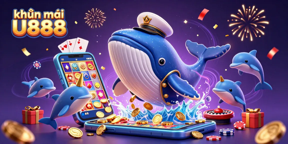 Engage with khuyến mãi U888 through a vibrant 3D casino illustration showcasing a whale and playful dolphins.