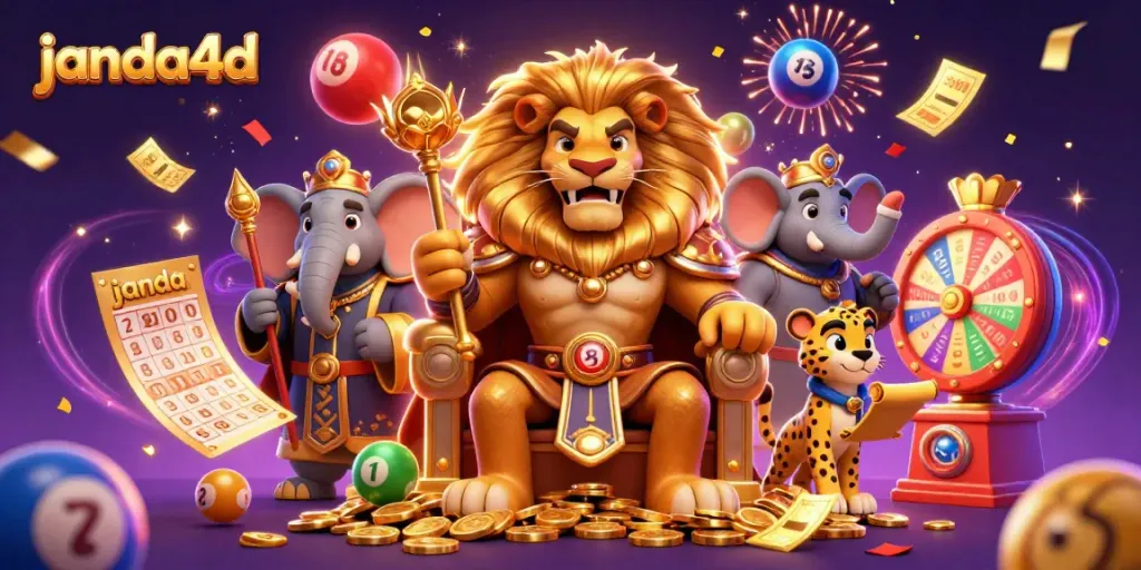 Slot Janda4d menarik dengan singa, gajah, dan cheetah meriah dalam kasino.
