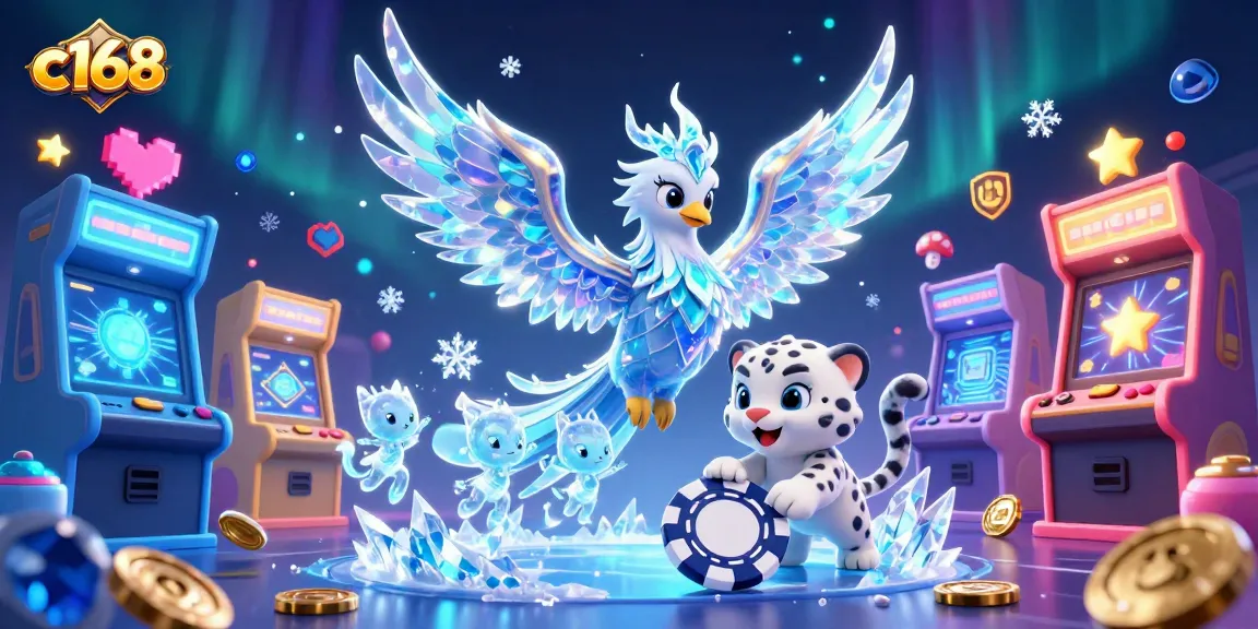 C168 players embrace thrilling moments with a vibrant ice phoenix and poker chip in a dynamic casino illustration.