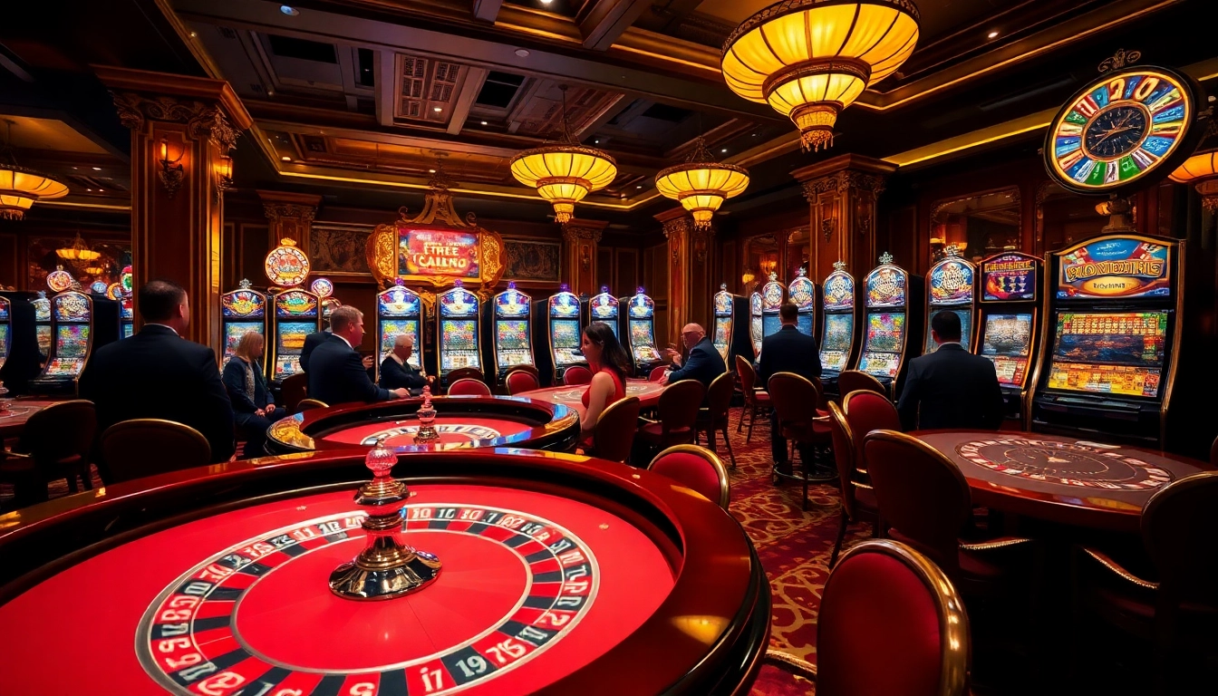 Situs toto di kasino mewah dengan pemain bersemangat di meja roulette.