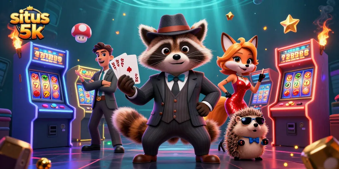 Experience excitement at situs 5k with vibrant casino elements and animated characters displaying their winning joy.