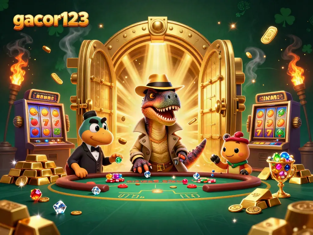 Engaging scene of gacor123 with a velociraptor card counter and a stegosaurus pit boss at a casino table.