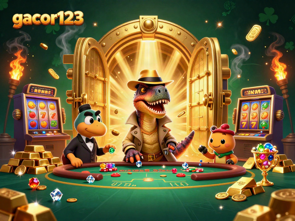 Engaging scene of gacor123 with a velociraptor card counter and a stegosaurus pit boss at a casino table.