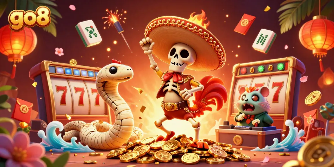 Experience the thrill of go8 with a lively cartoon scene of characters celebrating around captivating casino elements.