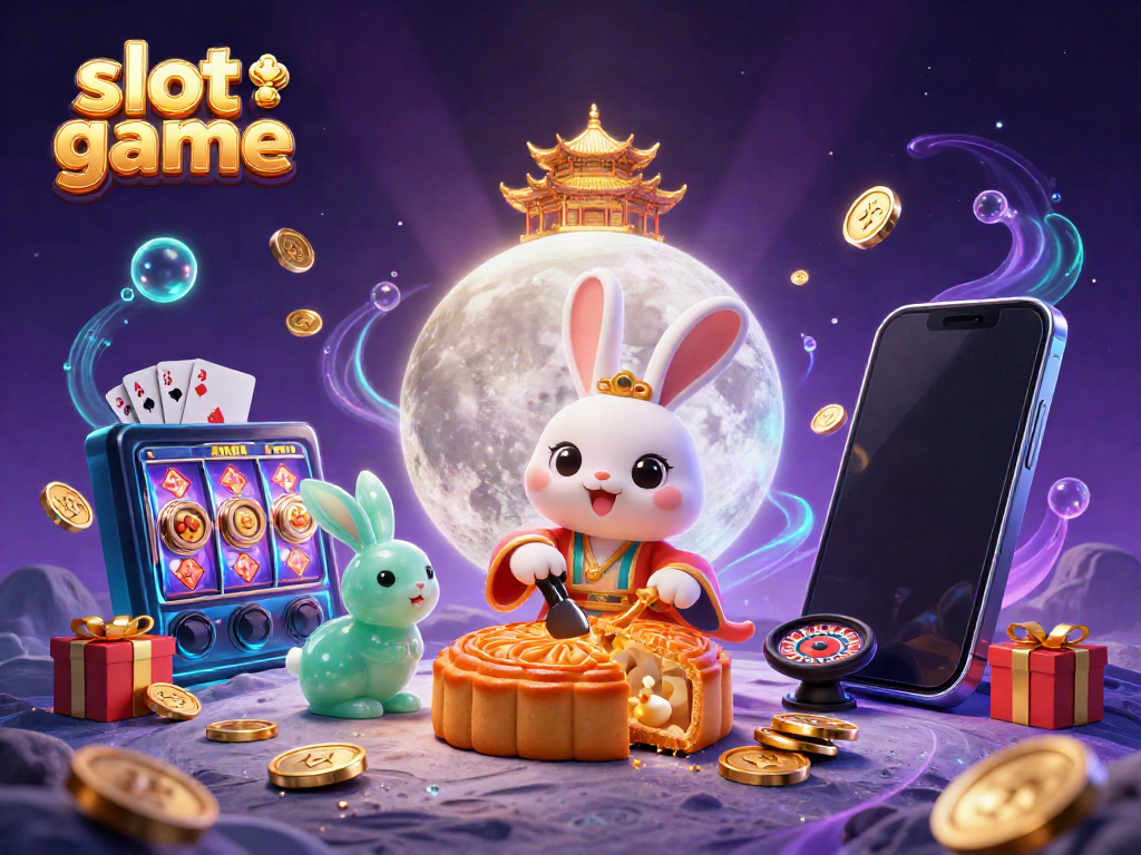 Slot game dengan kelinci bulan yang mengocok permainannya di latar belakang istana emas di bulan.