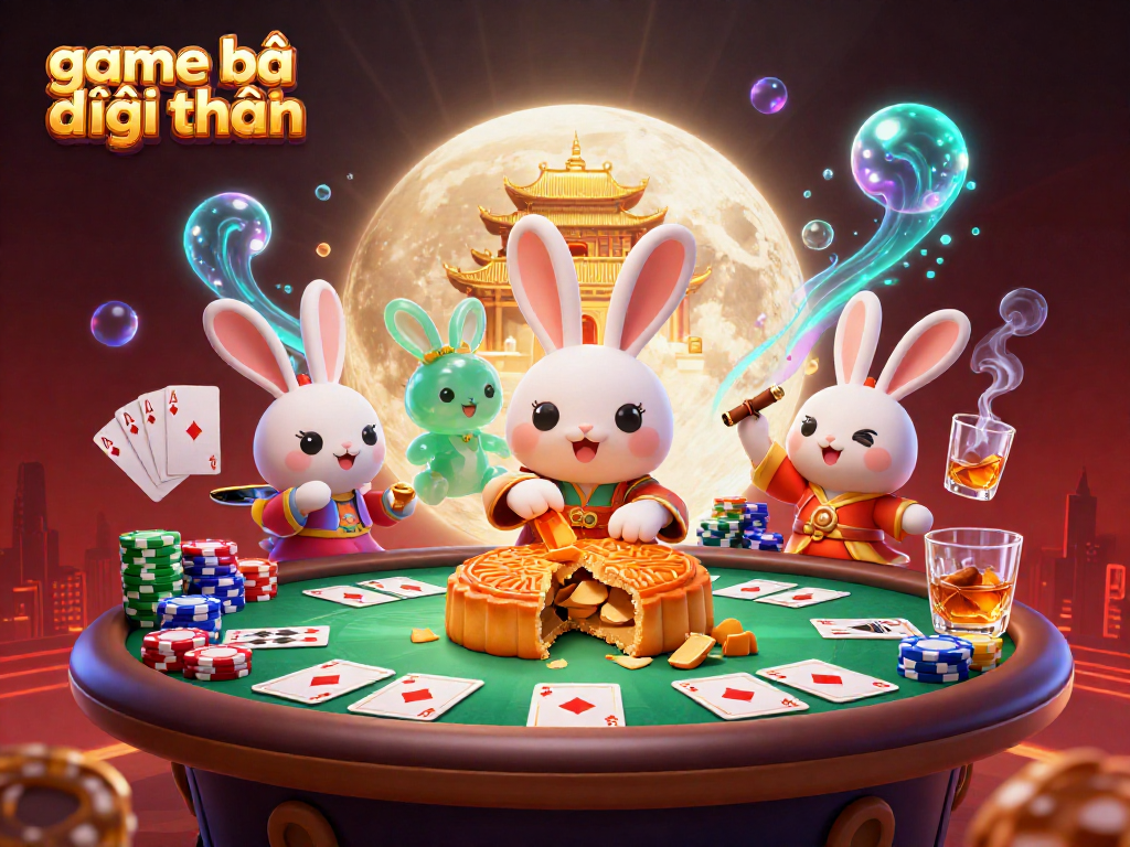 Engage in game bài đổi thưởng with a whimsical moon rabbit theme and vibrant casino elements.