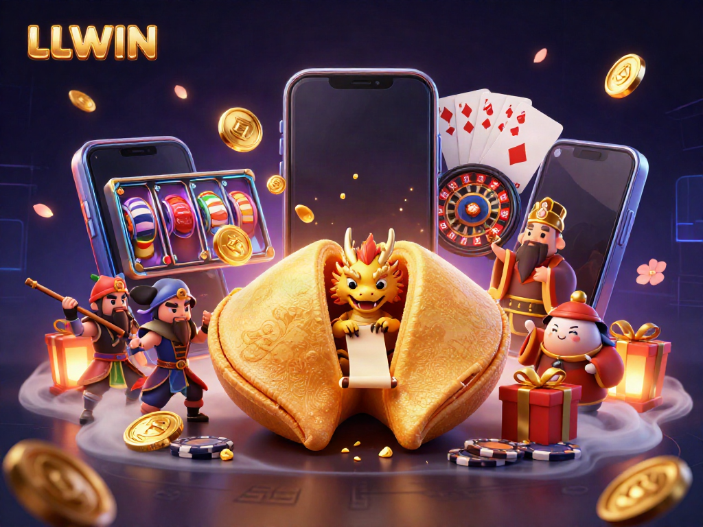 LLWIN showcases a vibrant 3D illustration of fortune-themed gaming elements, enhancing the excitement of players.