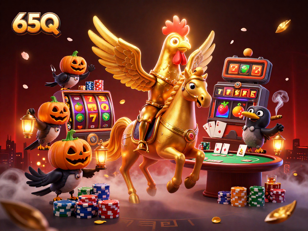 Aposte com 65Q enquanto desfruta de uma emocionante cena de cassino cheia de slots e elementos de pôquer.