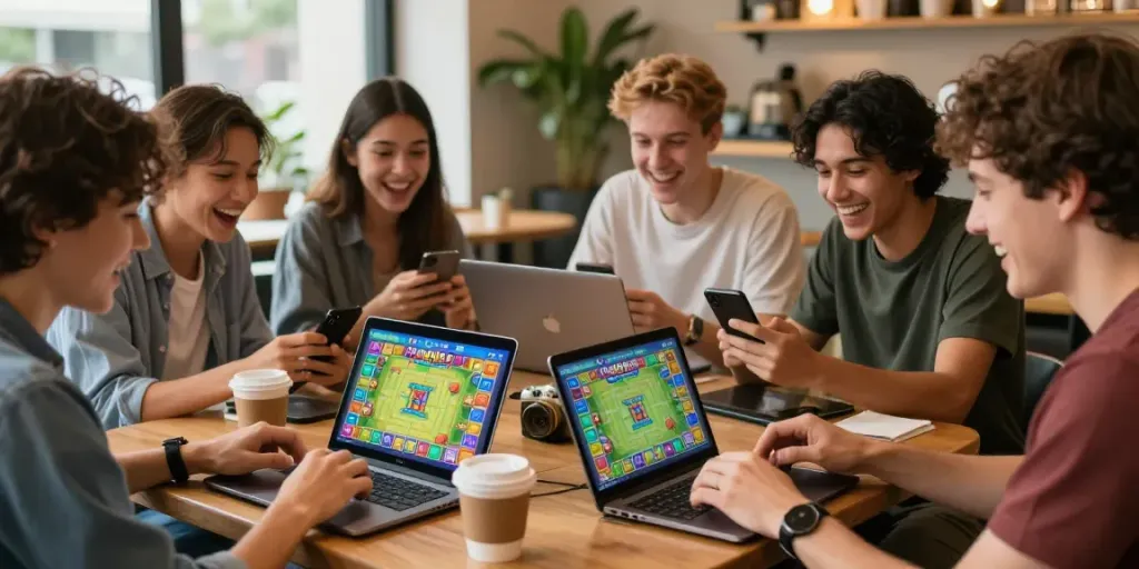 Friends enjoying Rumble Rummy on their smartphones in a lively café.