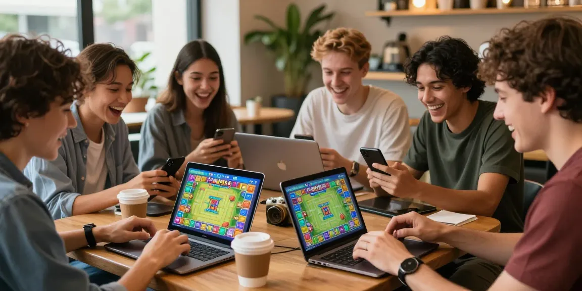 Friends enjoying Rumble Rummy on their smartphones in a lively café.