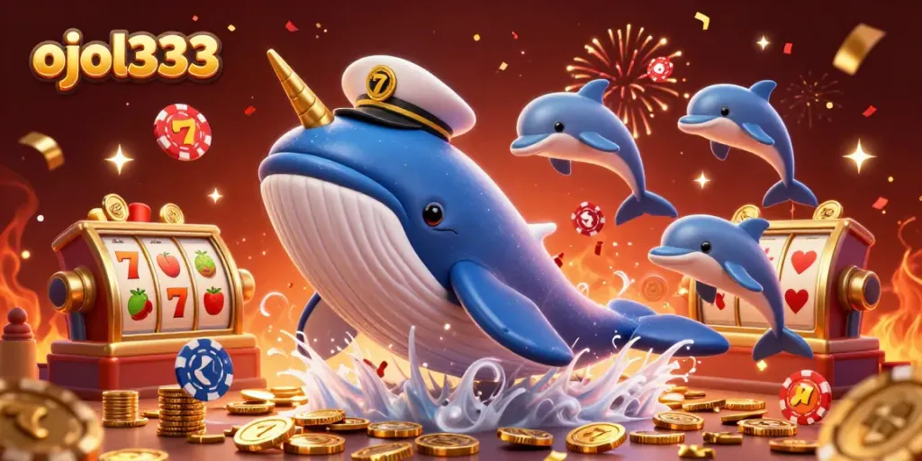 Join the excitement with ojol333 as a whimsical whale plays slots surrounded by golden treasures.