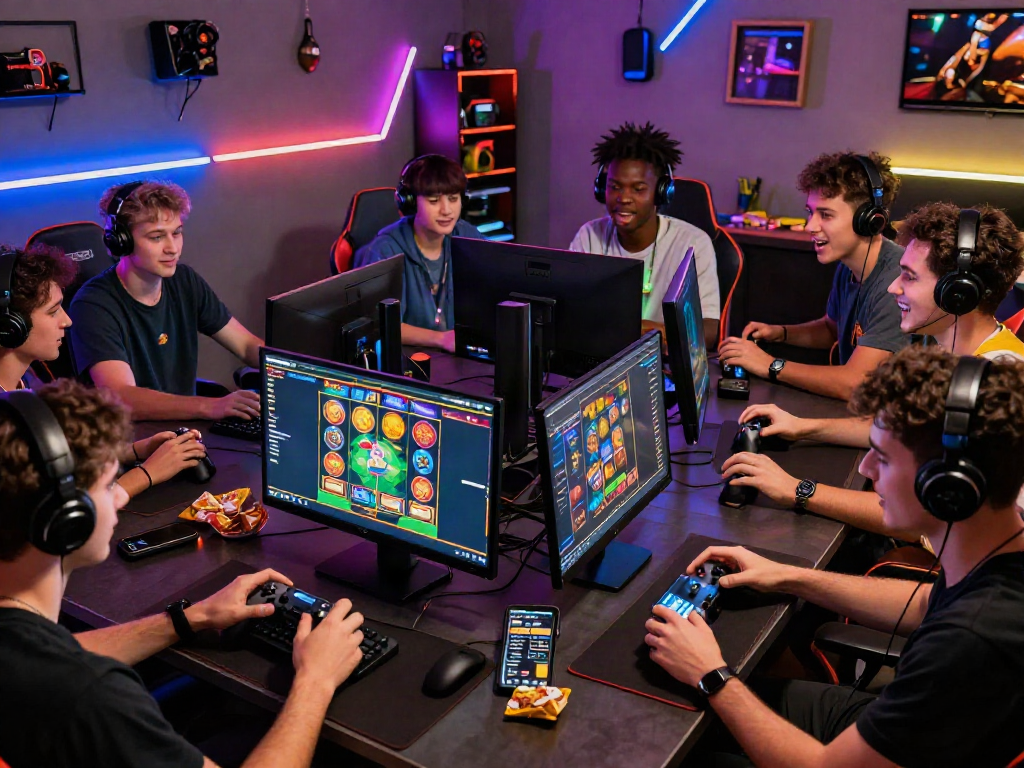 Engaging online gaming experience with players focused on akunjp slot games surrounded by vibrant decorations.