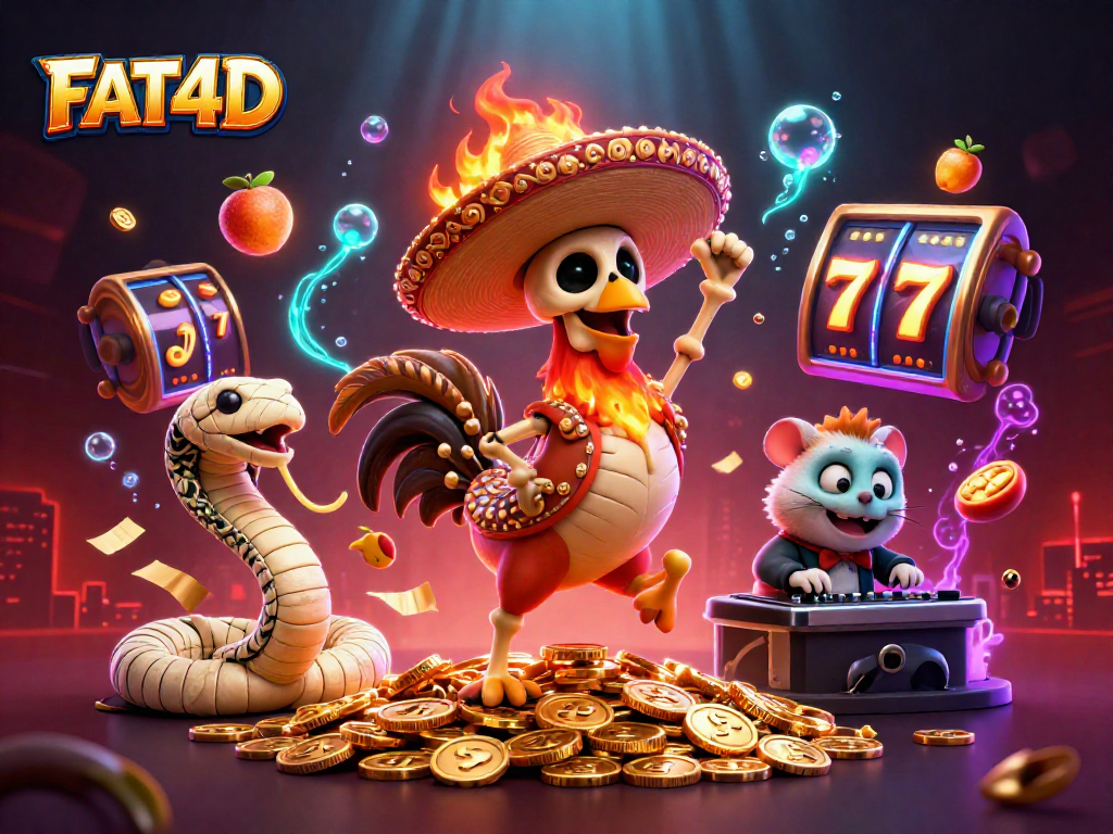FAT4D showcases a vibrant scene with energetic characters and slot game elements, celebrating potential winnings.