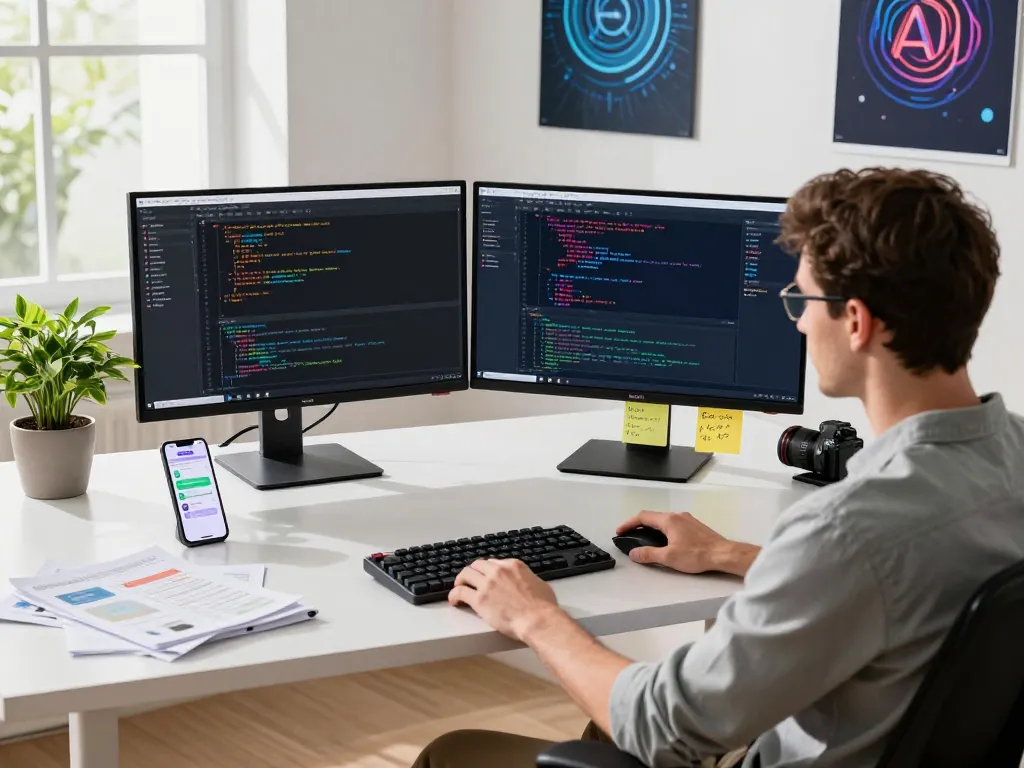 Developer using OpenClaw AI in a modern workspace with dual monitors and coding environment.