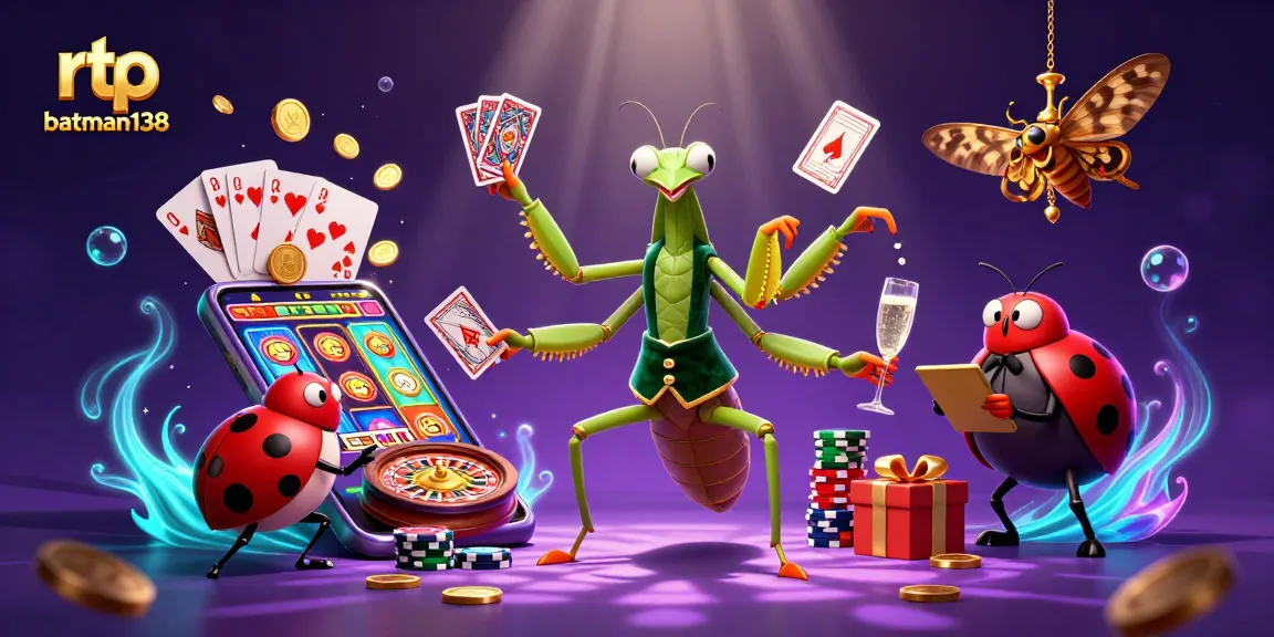 Permainan slot menarik rtp batman138 dengan karakter mantis dan bos ladybug di lantai kasino.