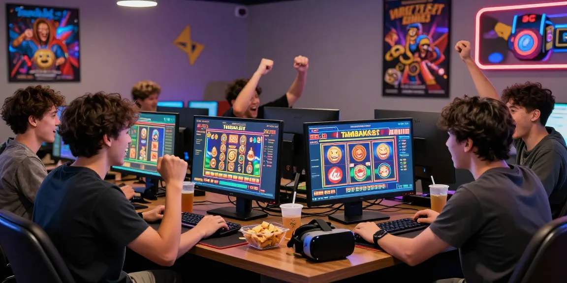 Excited friends playing tambakbet in a vibrant gaming environment with colorful graphics and snacks.