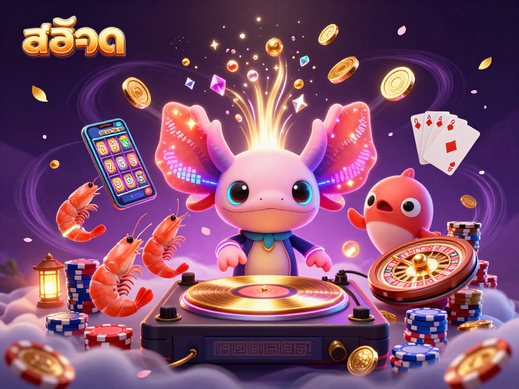 Experience the excitement of สล็อต with a vibrant 3D illustration of a DJ axolotl and dynamic casino elements.