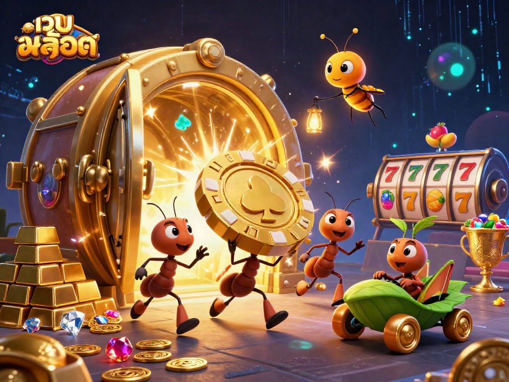 Win big at the เว็บสล็อต with cartoon ants racing to carry massive poker chips amidst dazzling treasure.