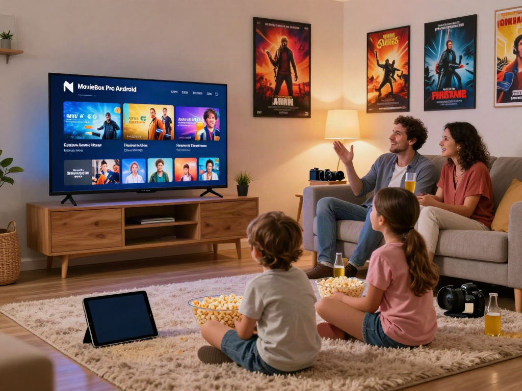 Family enjoying the MovieBox Pro Android app in a cozy living room.
