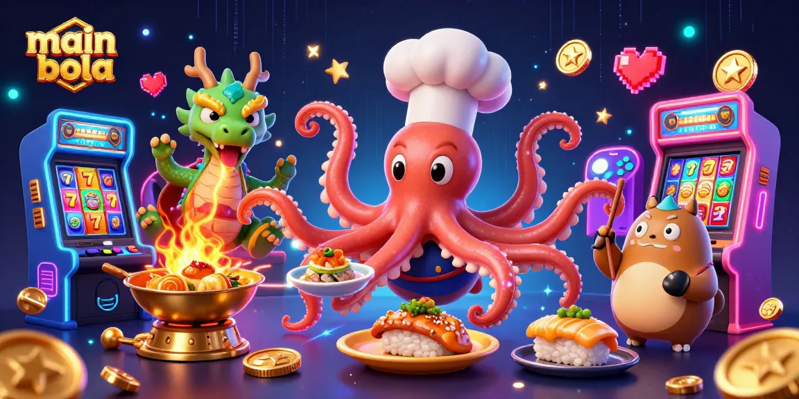 Main bola showcases an electrifying 3D gaming scene featuring a sushi chef octopus preparing slot dishes, surrounded by glowing casino elements.