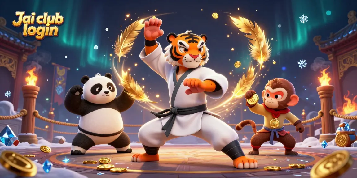 Experience Jai club login with this vibrant 3D scene featuring a kung fu tiger and playful panda, surrounded by dynamic casino elements.