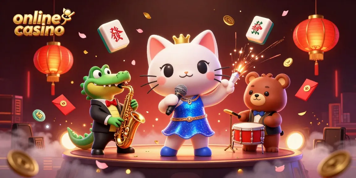 Jazz-singer cat performing live in a vibrant online casino scene with festive decorations.