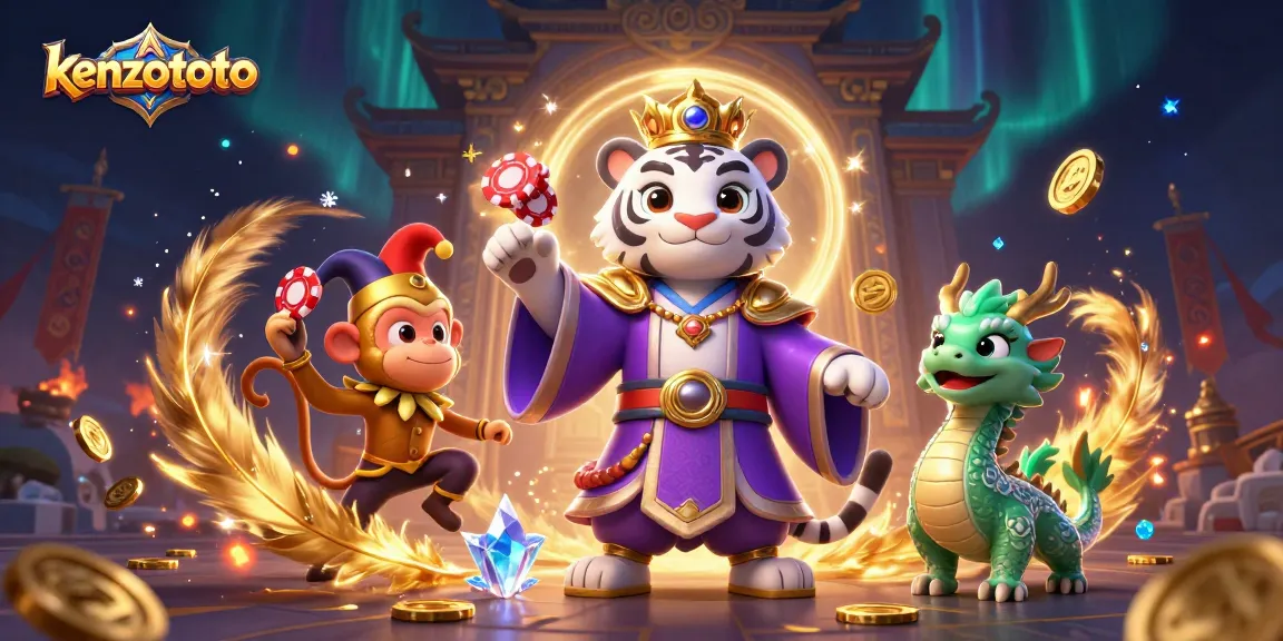 Kenzototo showcases a vibrant 3D scene with a playful monkey, elegant tiger, and a dragon amid golden chips and dynamic casino elements.