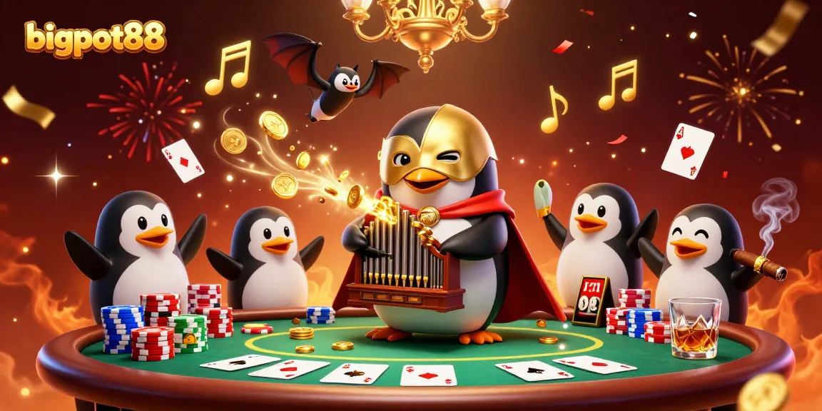Join the fun at bigpot88 as the penguin plays for golden winnings at a lively casino scene.