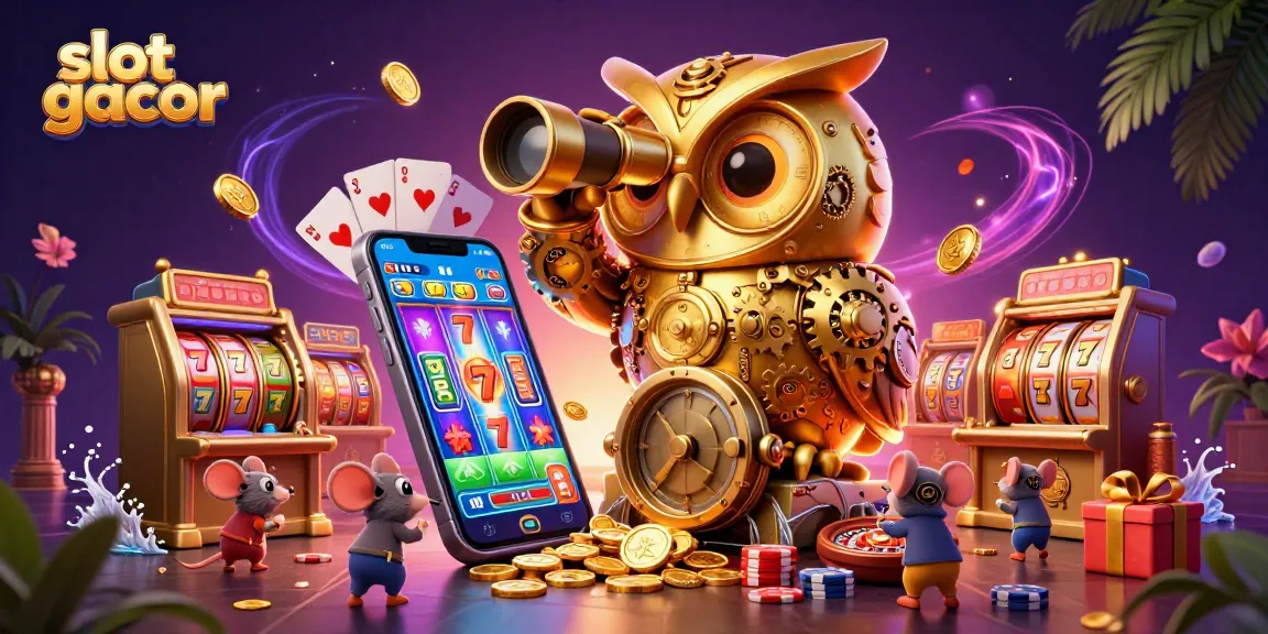 Slot gacor menampilkan burung hantu emas dan tikus kecil di kasino dengan mesin slot berkilau.