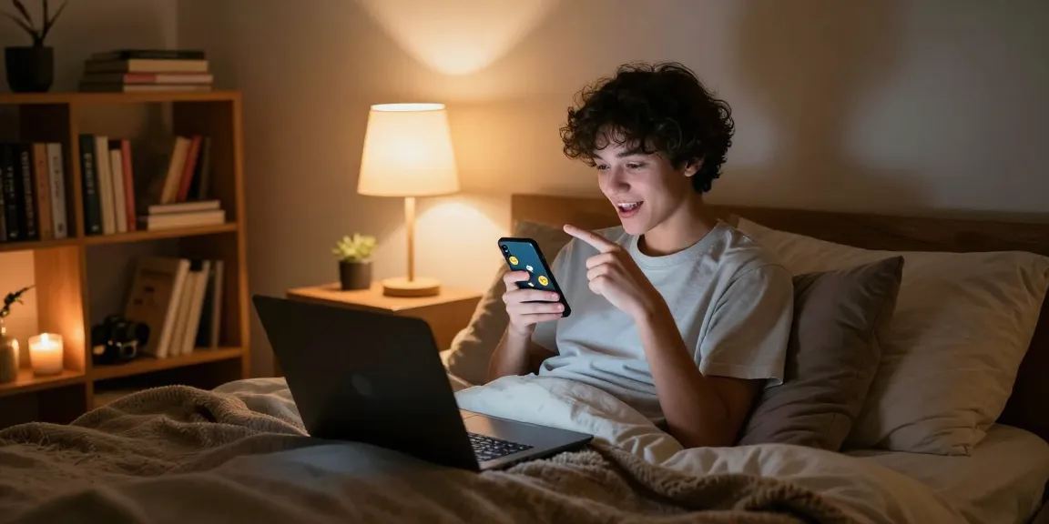 Engaging sexting AI conversation in cozy bedroom setting with warm lighting and romantic ambiance.