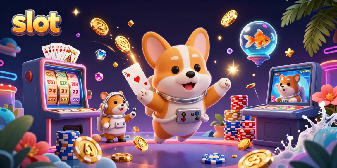 Experience thrilling slot action with a corgi astronaut, floating coins, and vibrant casino elements.