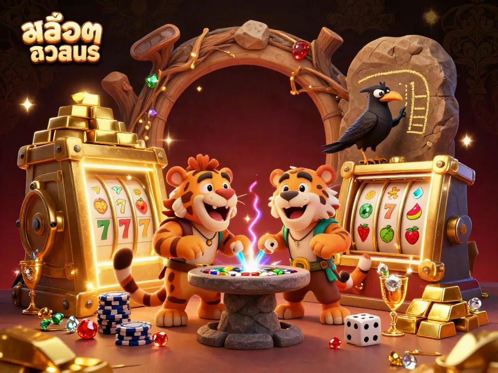 Experience สล็อตทดลอง with a vibrant cartoon scene featuring a caveman and sabertooth tiger running a prehistoric casino.