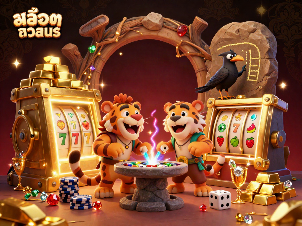 Experience สล็อตทดลอง with a vibrant cartoon scene featuring a caveman and sabertooth tiger running a prehistoric casino.