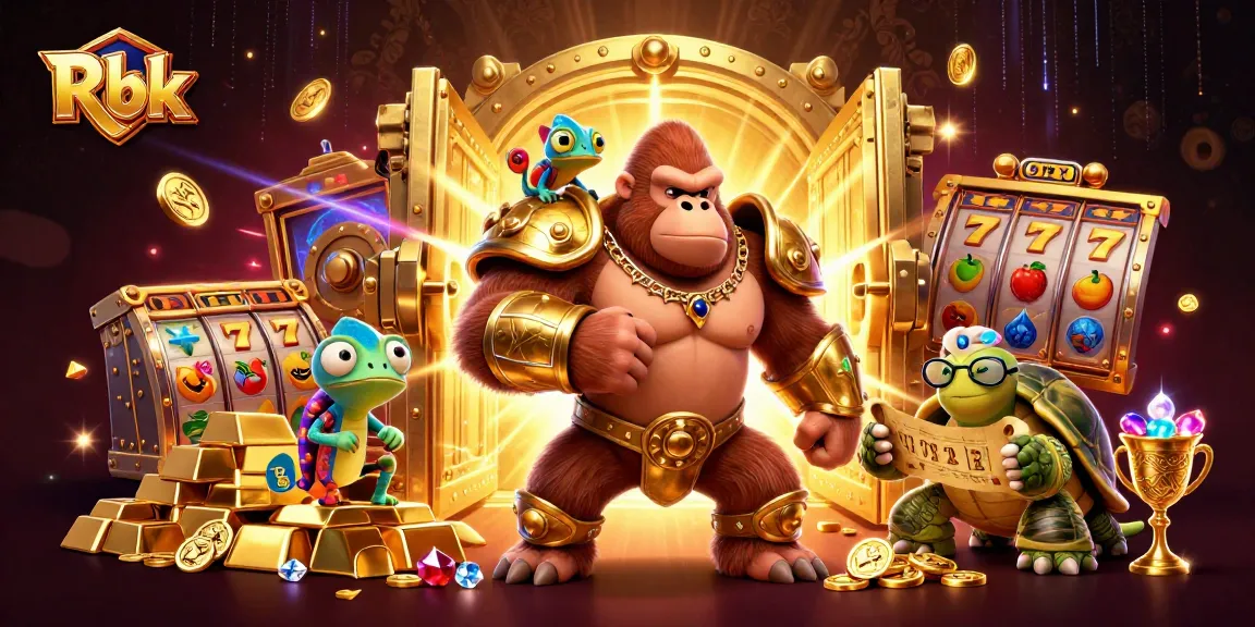 Rbk illustrates a powerful gorilla king in battle armor surrounded by treasure and slot machine elements.