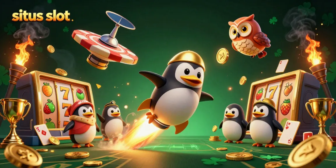 Menang jackpot situs slot dengan penguin emas yang meluncur penuh semangat di luar angkasa.