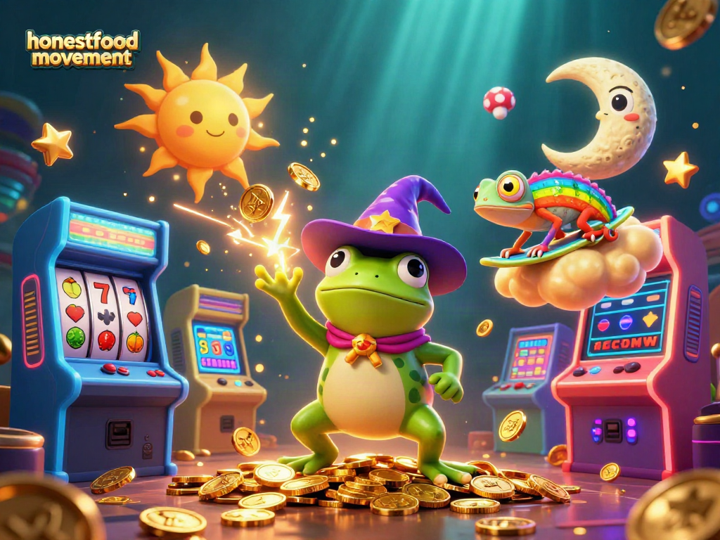 Experience the thrill of the honestfoodmovement in a vibrant 3D casino scene with magical characters and slot reels.