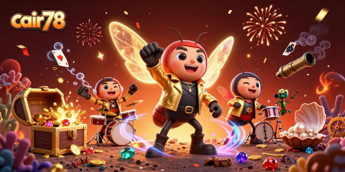 Menangkan jackpot dengan cair78: ilustrasi kasino yang menampilkan cicada rock star dan elemen permainan yang meriah.