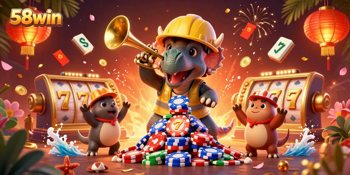 Experience excitement with 58win's colorful casino scene, featuring animated characters celebrating gaming victories.
