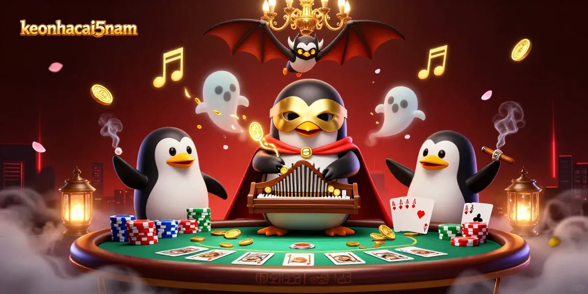 Experience excitement with keonhacai5nam as a penguin plays organ shooting coins in a vibrant casino scene.