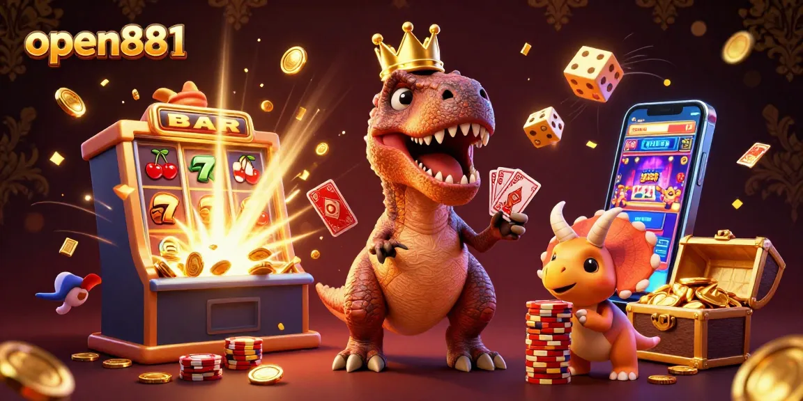 Engage in thrilling casino adventures with open881; T-Rex and friends surrounded by jackpot symbols and golden chips.