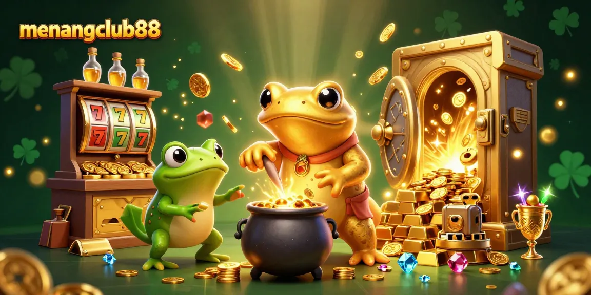 Experience the thrill of menangclub88 with a vibrant 3D casino scene filled with gold and joy.