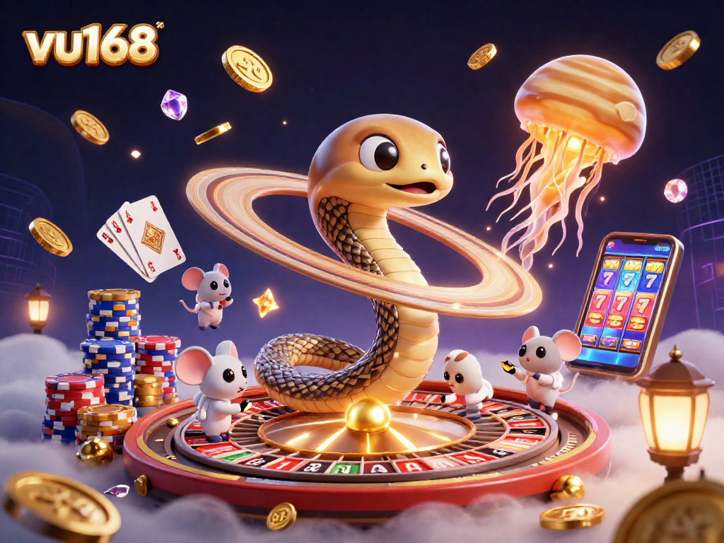 Experience the fun of betting on vu168 with cosmic characters as they play among dazzling casino elements.