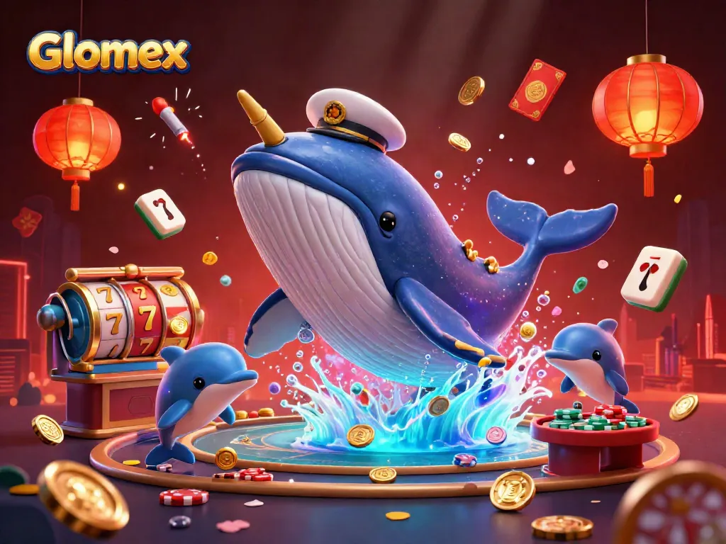 Experience thrilling gameplay with Glomex in an animated casino scene featuring whales and playful dolphins.