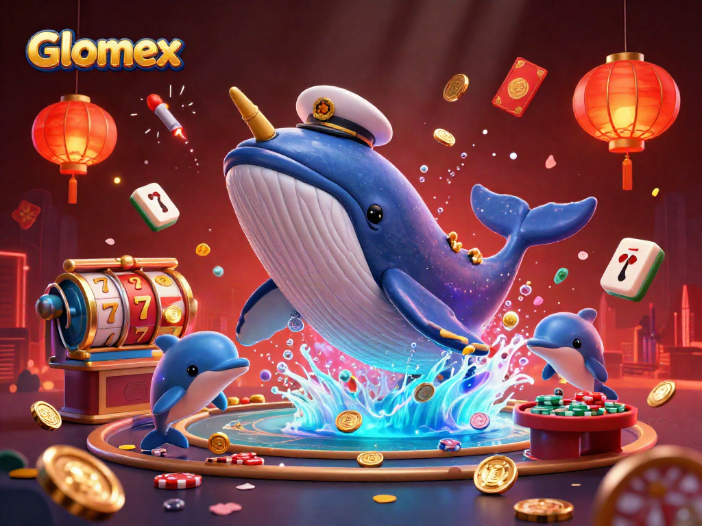 Experience thrilling gameplay with Glomex in an animated casino scene featuring whales and playful dolphins.