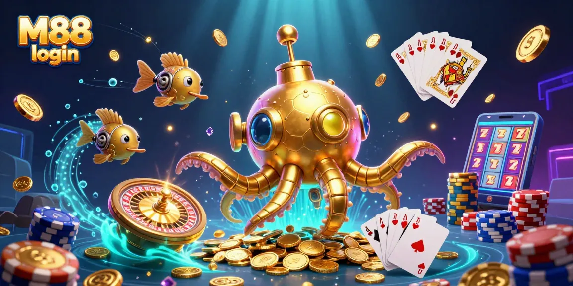 M88 login to a vibrant online casino environment with golden treasures, card games, and playful characters.